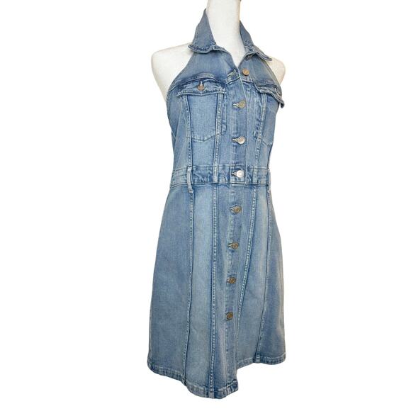 GAP Icon Denim Halter Mini Dress Light Wash 6 Petite - Picture 2 of 8